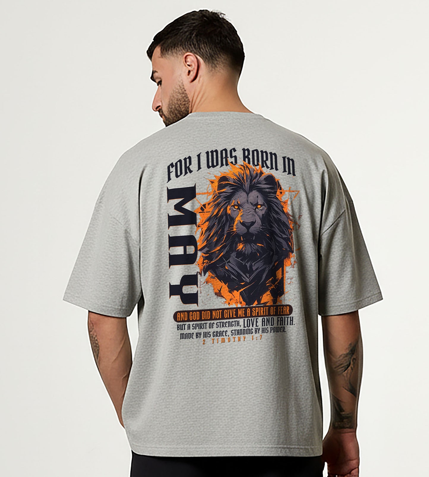 Born in May Oversized Christian Lion Shirt – Faith Strength Love & Power Tee | 2 Timothy 1:7 Bible Verse