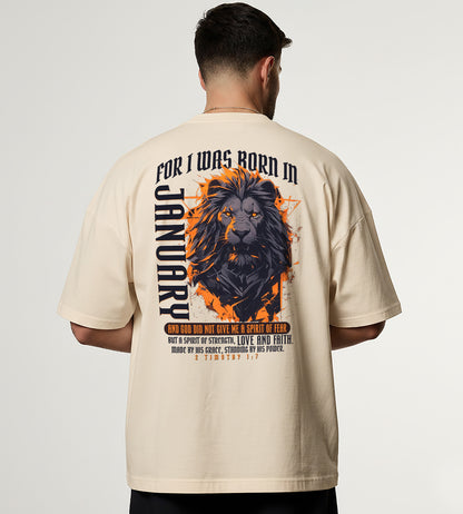 Born in January Oversized Christian Lion Shirt – Faith Strength Love & Power Tee | 2 Timothy 1:7 Bible Verse