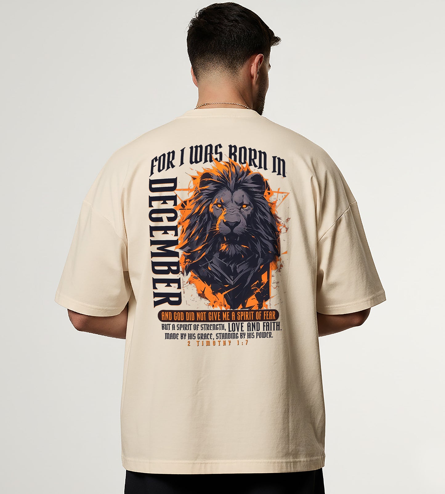 Born in December Oversized Christian Lion Shirt – Faith Strength Love & Power Tee | 2 Timothy 1:7 Bible Verse