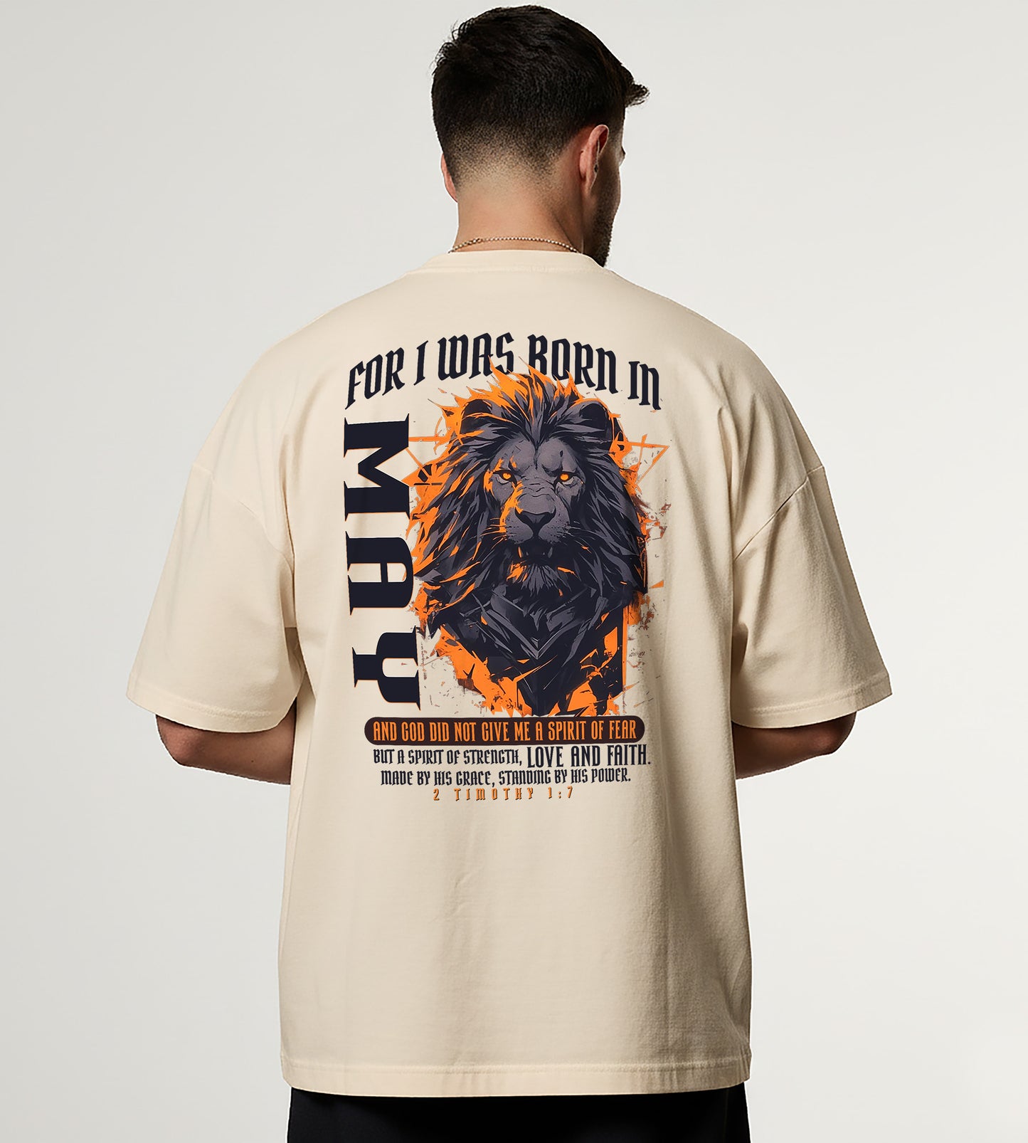 Born in May Oversized Christian Lion Shirt – Faith Strength Love & Power Tee | 2 Timothy 1:7 Bible Verse