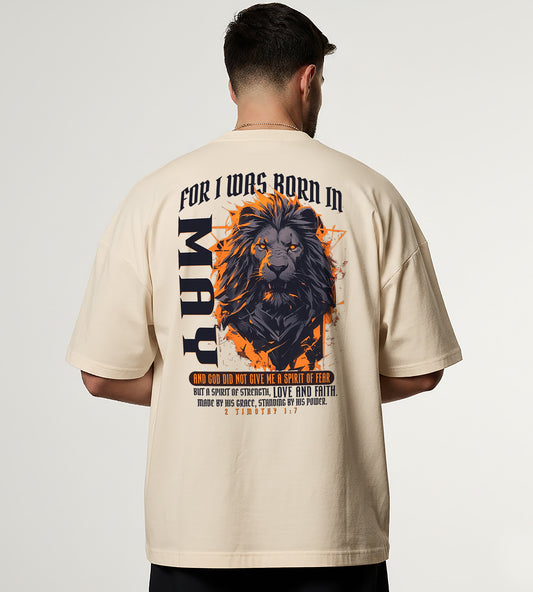 Born in May Oversized Christian Lion Shirt – Faith Strength Love & Power Tee | 2 Timothy 1:7 Bible Verse