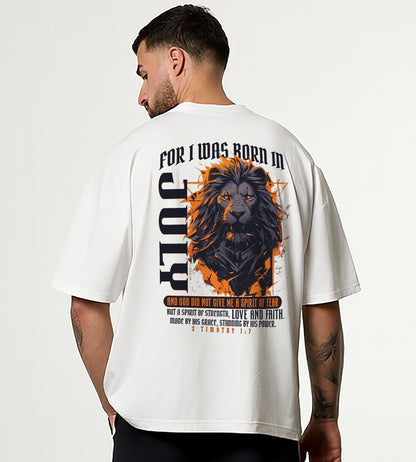 Born in July Oversized Christian Lion Shirt – Faith Strength Love & Power Tee | 2 Timothy 1:7 Bible Verse