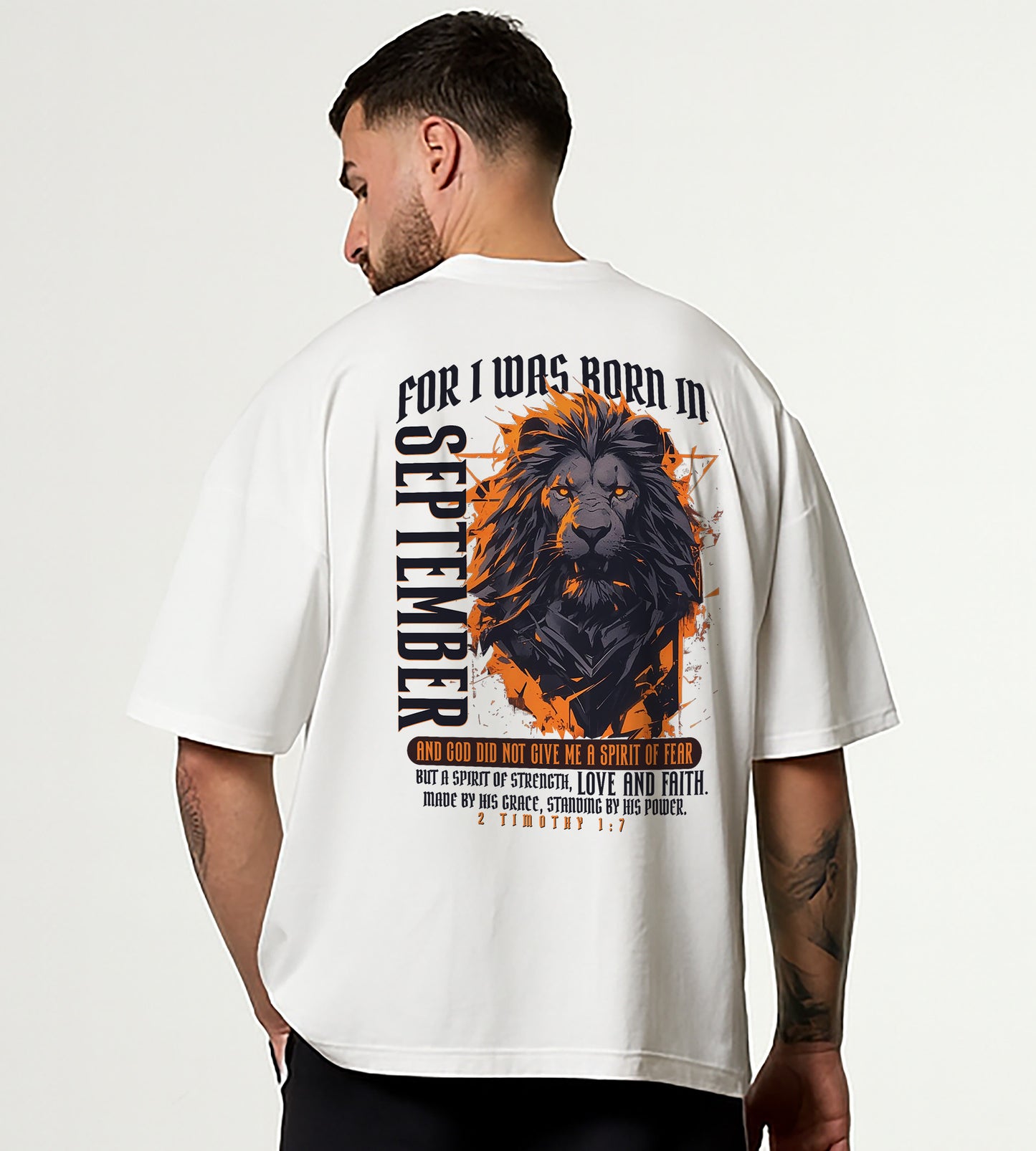 Born in September Oversized Christian Lion Shirt – Faith Strength Love & Power Tee | 2 Timothy 1:7 Bible Verse