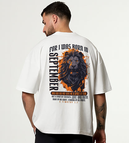 Born in September Oversized Christian Lion Shirt – Faith Strength Love & Power Tee | 2 Timothy 1:7 Bible Verse