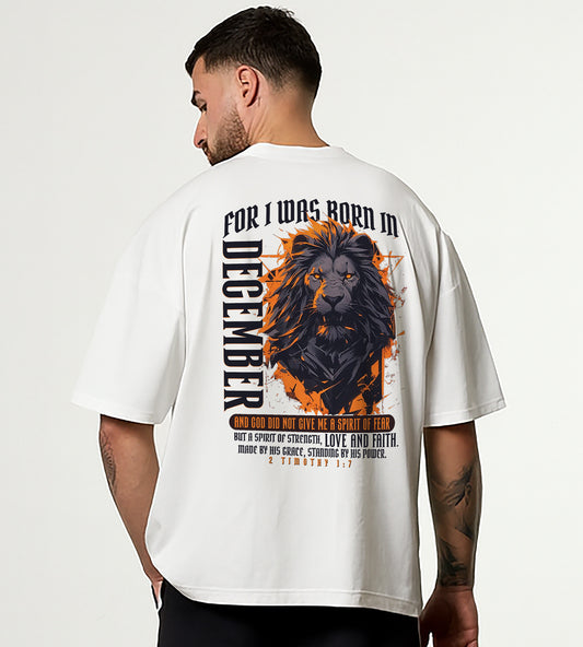 Born in December Oversized Christian Lion Shirt – Faith Strength Love & Power Tee | 2 Timothy 1:7 Bible Verse