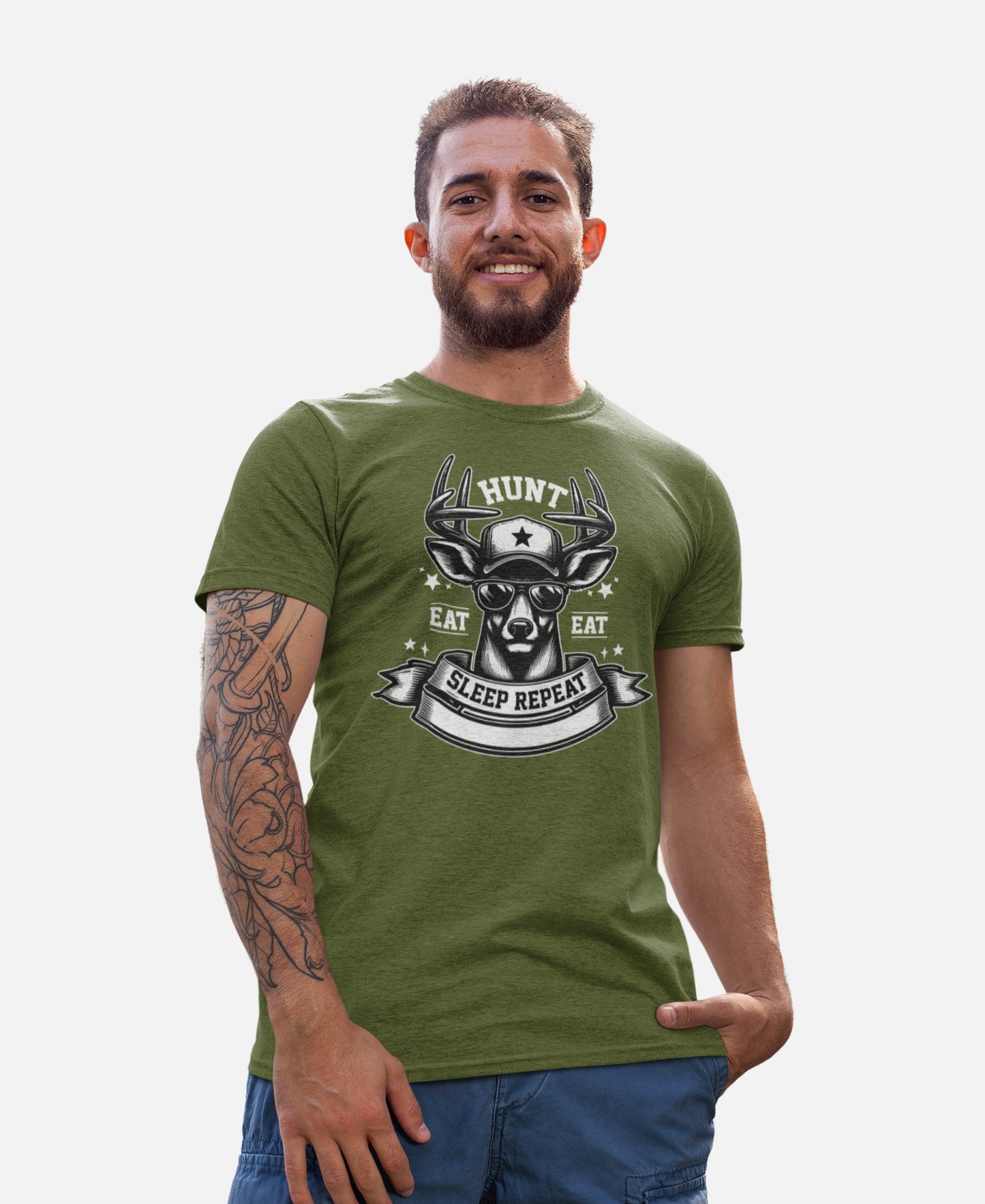Hun Sleep And Repeat T- Shirt - Tee For Hunter - Moss Green - Up To 4XL