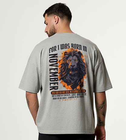 Born in November Oversized Christian Lion Shirt – Faith Strength Love & Power Tee | 2 Timothy 1:7 Bible Verse